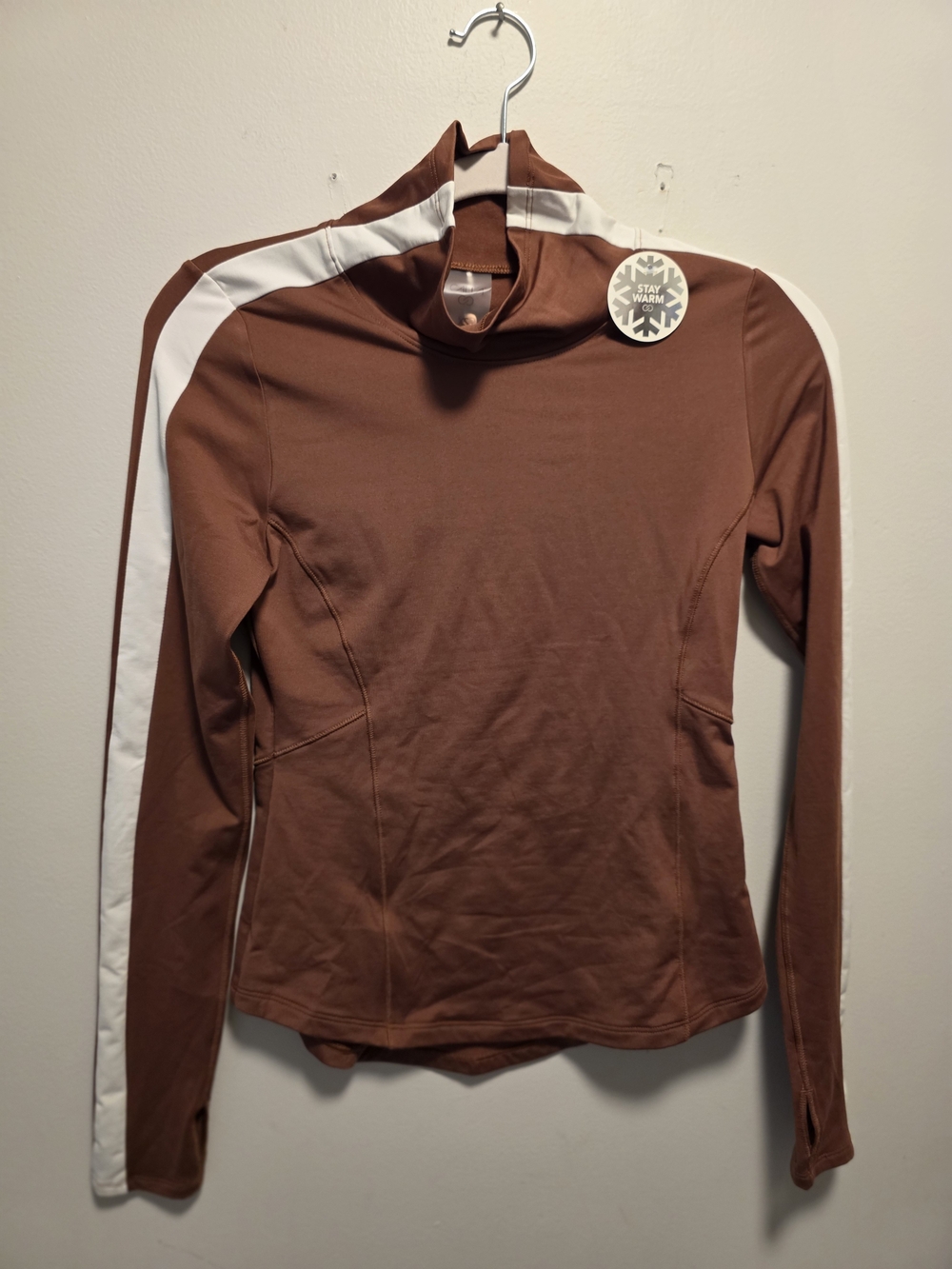Women’s Rust Brown Mock Neck Long-Sleeve Top with White Shoulder Stripe